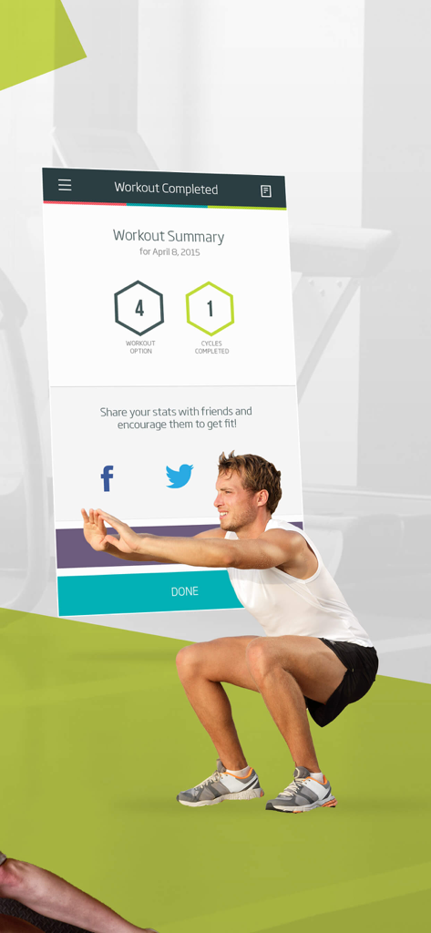 7 Minute Workout by C25K® - Pantalla de finalización de la aplicación 7 Minute Workout que muestra estadísticas resumidas del entrenamiento y un hombre realizando un ejercicio de sentadilla.