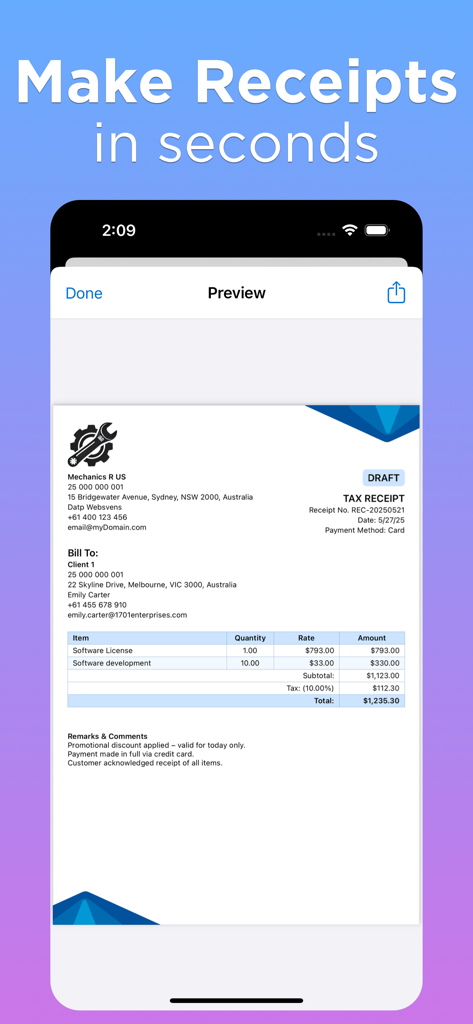 Receipt Maker Generator - A mobile app interface displaying a professional tax receipt preview