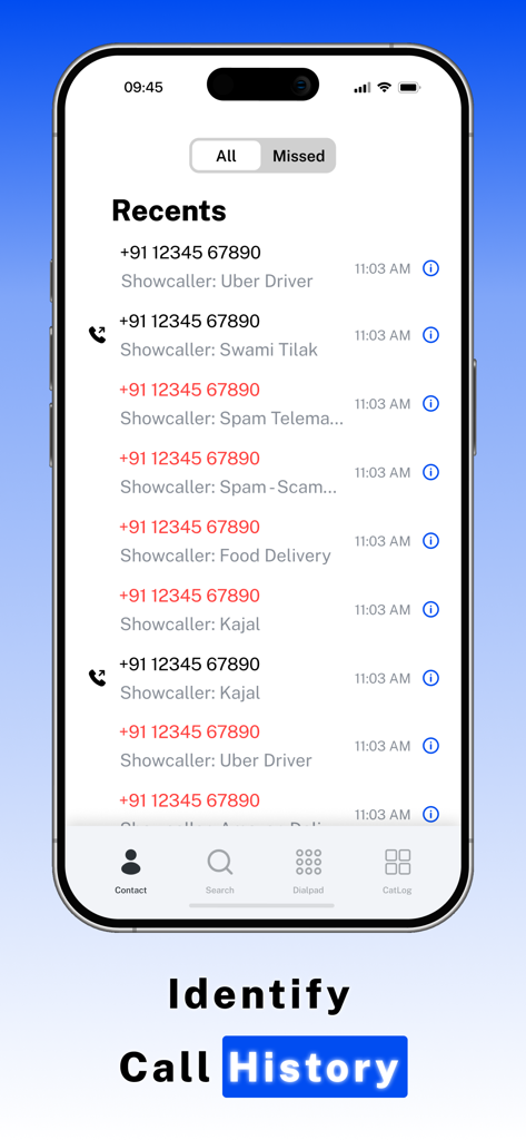 TrueCaller ID : Find by Number - App interface displaying identified caller names and spam labels in the call history list.