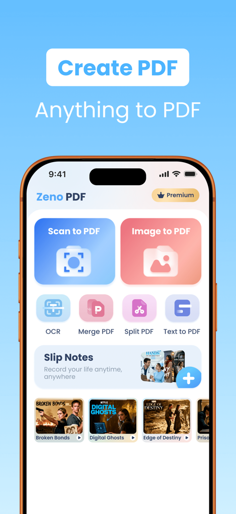 Zeno PDF 앱 인터페이스, PDF로 스캔, 이미지로 PDF, OCR, PDF 병합 기능 표시