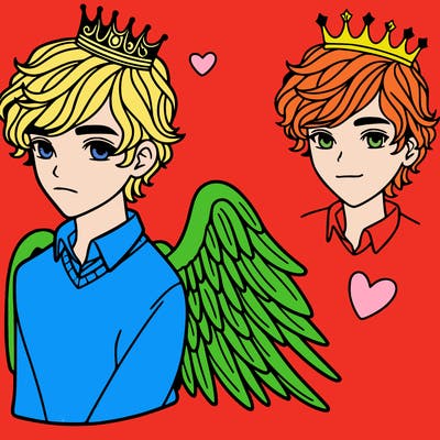 a beautiful teenage boy with a crown and wings