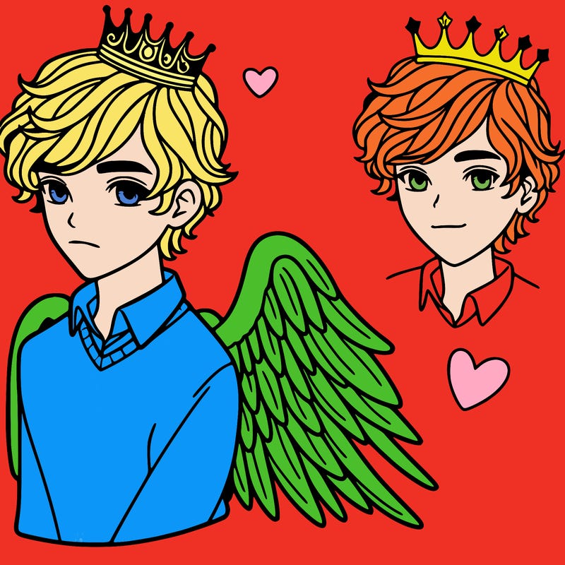 a beautiful teenage boy with a crown and wings