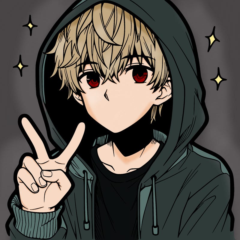 teenage manga boy in a hoodie, doing ✌