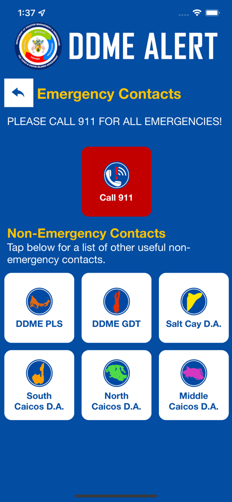 DDME Alert - DDME Alert App-Oberfläche für Notfallkontakte mit einer prominenten roten 911-Schaltfläche und lokalen Bezirkskontaktoptionen