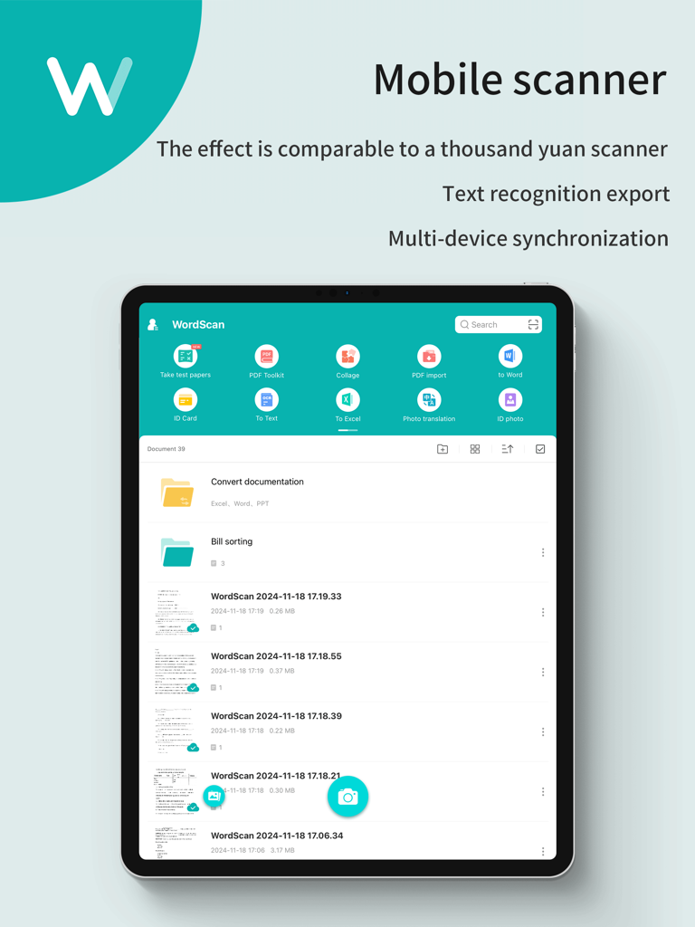 Interfaccia dello scanner mobile WorldScan HD su iPad che mostra cartelle di documenti e funzionalità di riconoscimento testo.