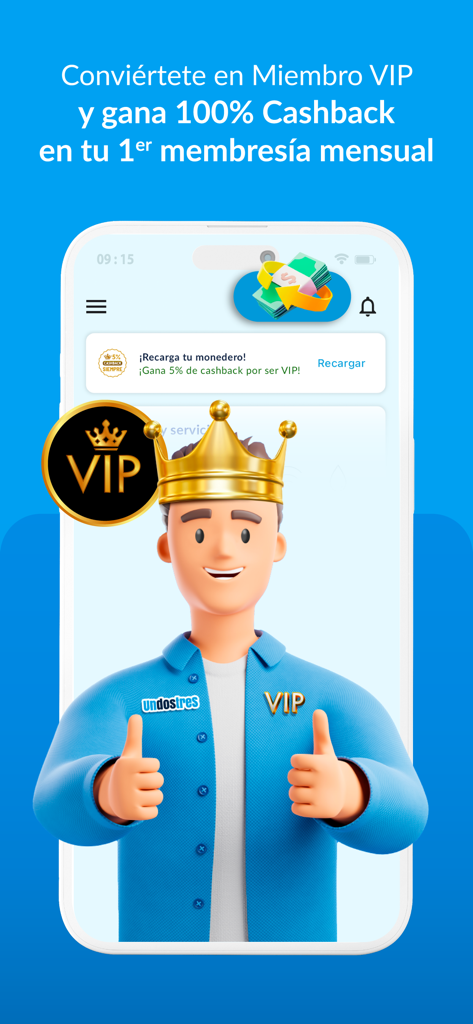 UnDosTres - Recargas y Pagos - UnDosTresアプリのVIP会員特典と100％キャッシュバック報酬を示すスクリーンショット