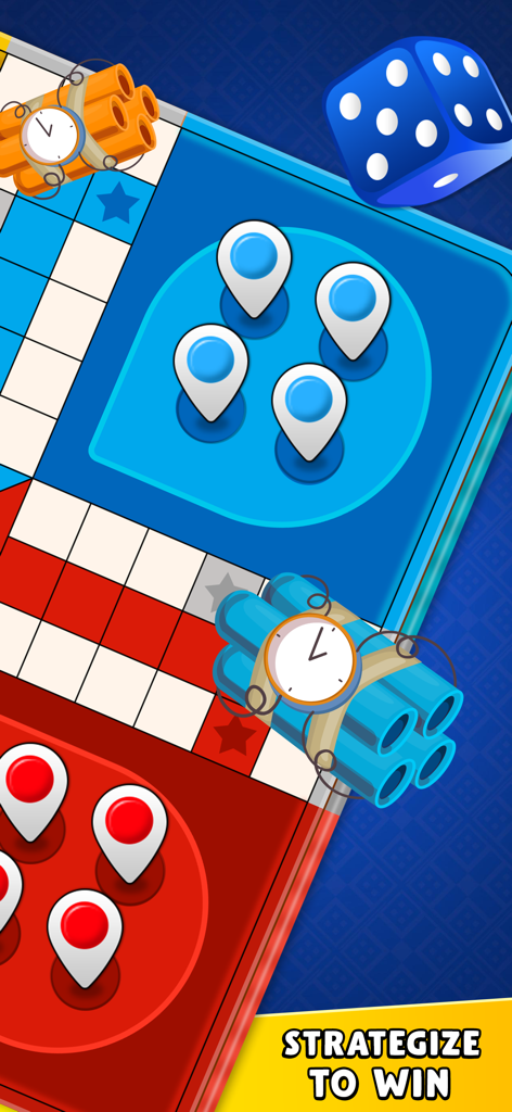 Ludo Blitz: Fun Dice Game - A Ludo Blitz game board showing pawns, a blue die, and time bombs with the text Strategize to Win.