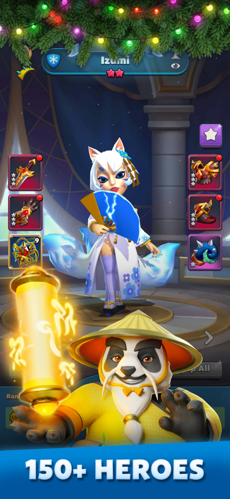 Personaje Izumi y un héroe panda en Puzzle Breakers mostrando más de 150 héroes