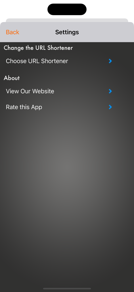 URL Shortener All-In-One - Pantalla de configuración de la aplicación URL Shortener All-In-One que muestra opciones para elegir un servicio de acortamiento.