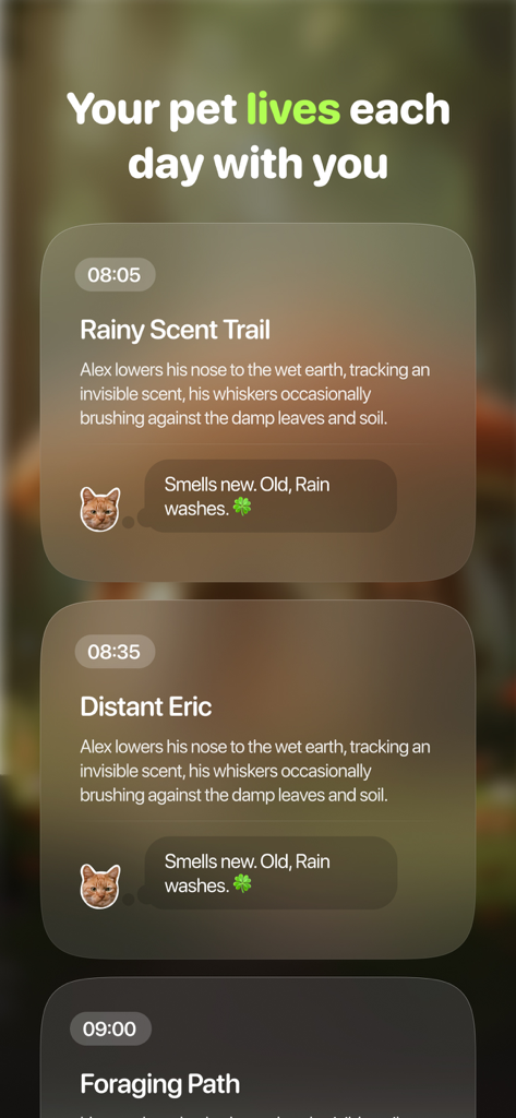 Interface showing daily sentimental messages and updates from a deceased pet in the Furever app