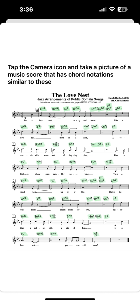 Piano Chord Trainer - A screenshot of Piano Chord Trainer showing a music score with highlighted chords and instructions to scan sheet music with the camera.