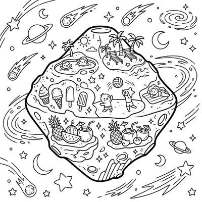 Embark on an out-of-this-world adventure with our Ryugu Asteroid Summer Vacation coloring page! Discover a unique celestial beach party bustling with cute characters, tropical delights, and endless summer fun, ready for your creative touch.