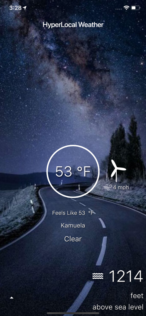 Hyper Local Weather - Hyper Local Weather app displaying 53 degrees Fahrenheit and 1214 feet elevation against a starry night sky background