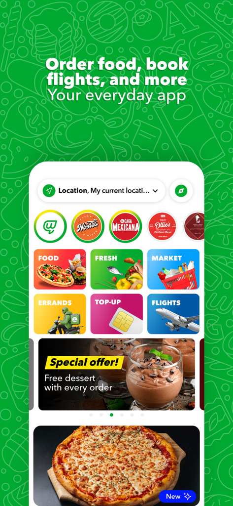 Wajeez mobile app home screen showing food delivery market errands and flight booking options
