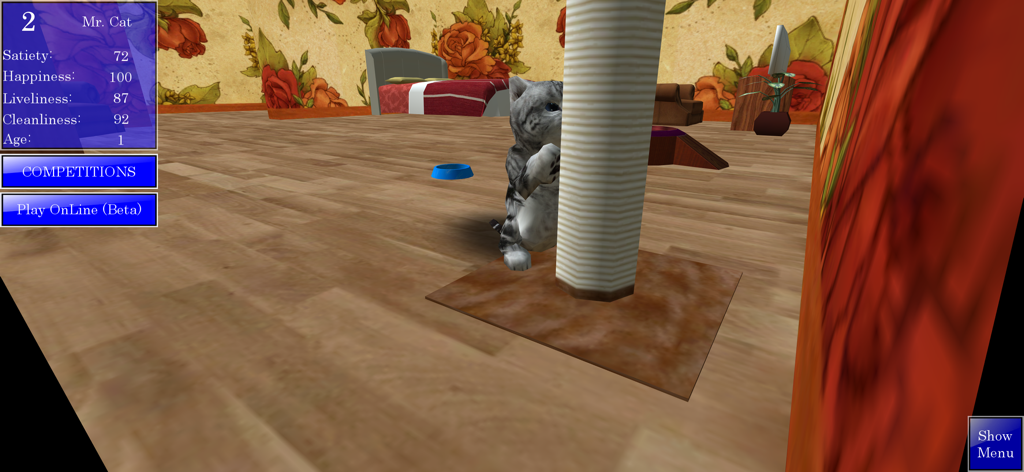 Cute Pocket Cat 3D - A grey tabby kitten interacting with a scratching post in a virtual bedroom environment