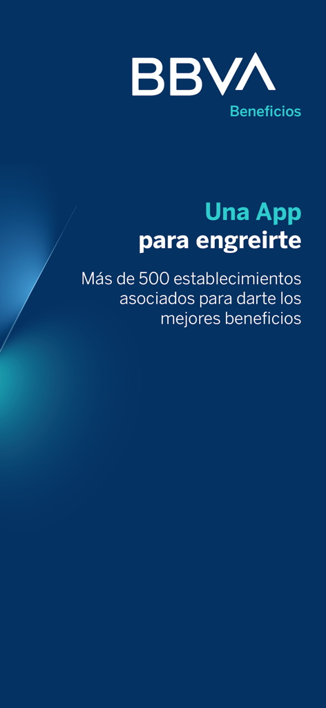 Introductory screen of the BBVA Beneficios app featuring the bank logo and promotional text in Spanish