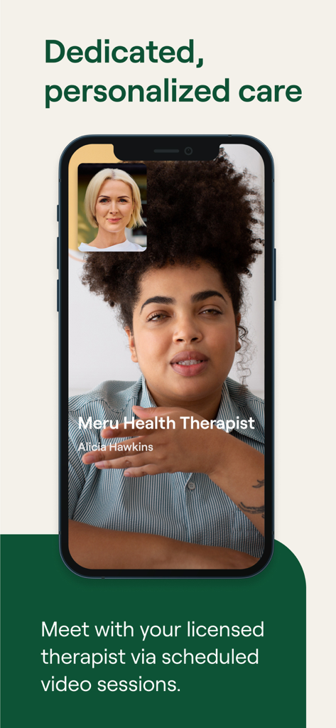 Meru Health - Una pantalla de smartphone mostrando una videollamada entre un usuario y un terapeuta licenciado de Meru Health.