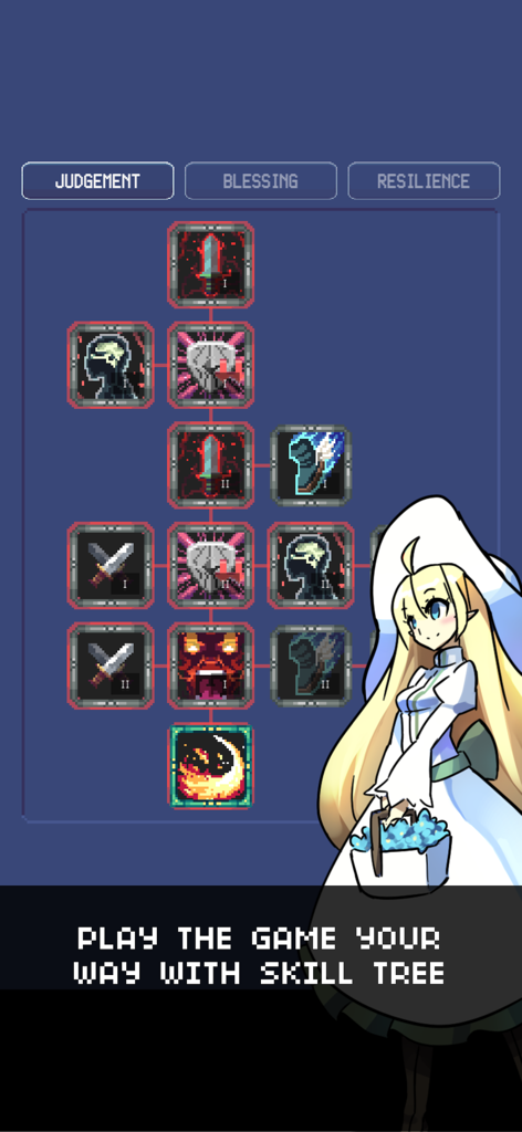 Skill tree interface in Heros Quest Automatic RPG showing various player upgrades and an anime character