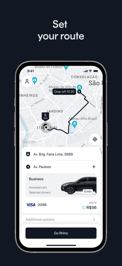 Rhino: Premium armored rides - Interface móvel do aplicativo Rhino mostrando um mapa com a rota de Itaim Bibi para a Avenida Paulista para uma viagem de carro blindado