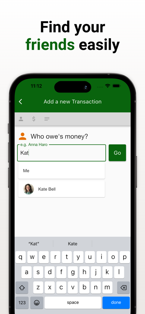 Interface de l'application mobile de PayMeLater montrant comment trouver et ajouter des amis à une nouvelle transaction de dette.