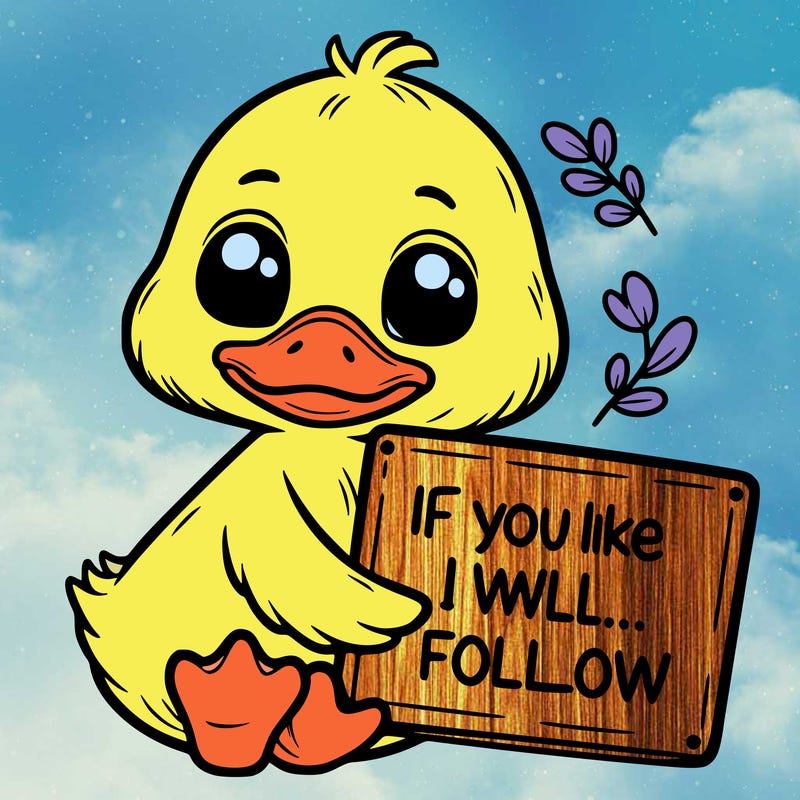 a cute duck holding a sign that says if you like i will follow