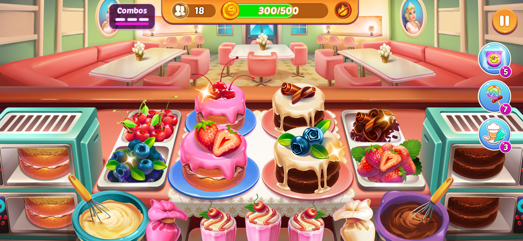 Kitchen Craze Cooking Games - Gameplay screenshot of Kitchen Craze showing a colorful dessert bakery with decorated fruit cakes and baking stations