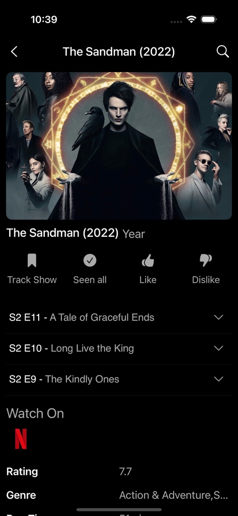 Movie Plex app interface for The Sandman showing series details tracking features and streaming information