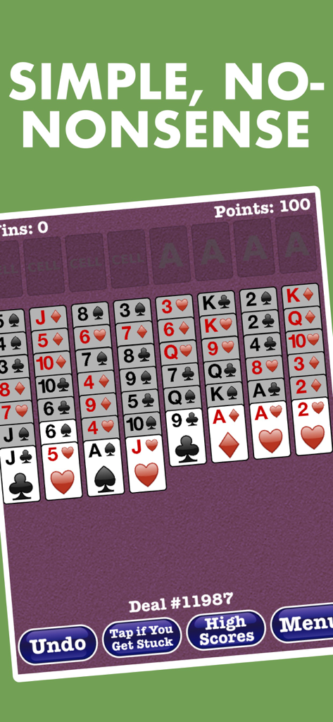 Totally FreeCell Solitaire! - Gameplay of Totally FreeCell Solitaire showing easy to read cards on a purple background with a simple user interface.