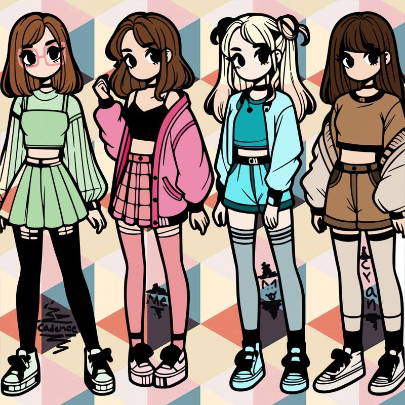 one girl with crop-top shirt and a jacket with a skirt, long socks and another girl with a shirt and pants with a jacket