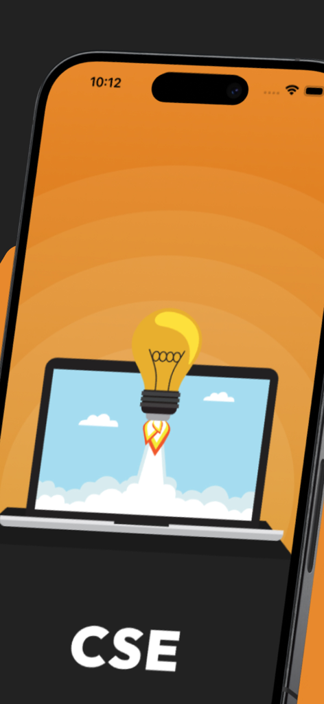 Computer Science Dictionary app splash screen featuring a rocket-powered light bulb launching from a laptop