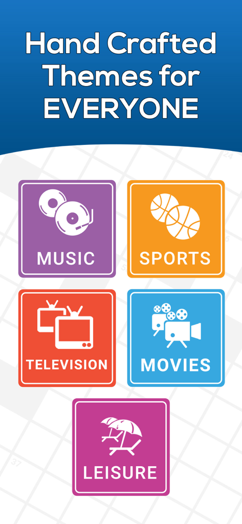 Screenshot of Daily Themed Crossword app showing puzzle categories like Music Sports Television Movies and Leisure with the headline Hand Crafted Themes for Everyone