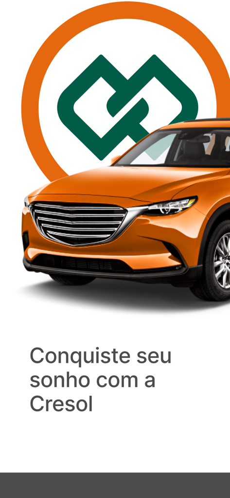 Ein orangefarbener SUV vor dem Cresol-Logo mit dem portugiesischen Satz Conquiste seu sonho com a Cresol.