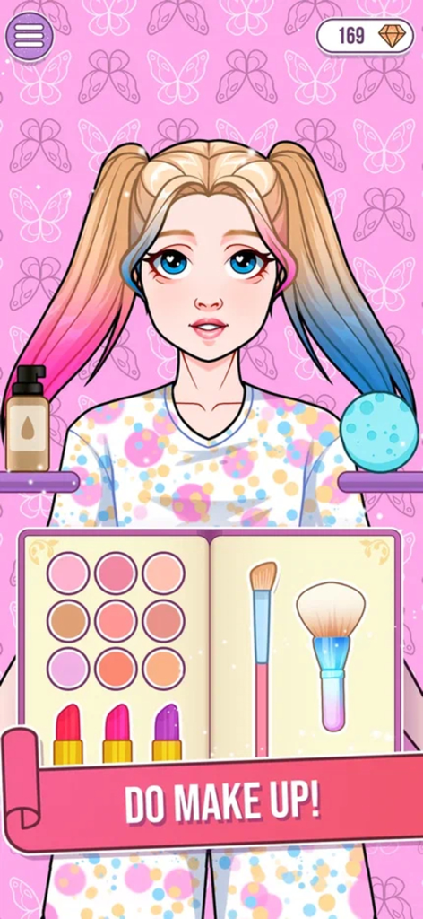 Digital makeup palette and character customization screen in a paper doll dress up game