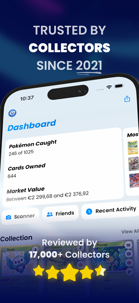Visão do painel do aplicativo Dex mostrando estatísticas da coleção de cartas Pokémon e valor de mercado estimado