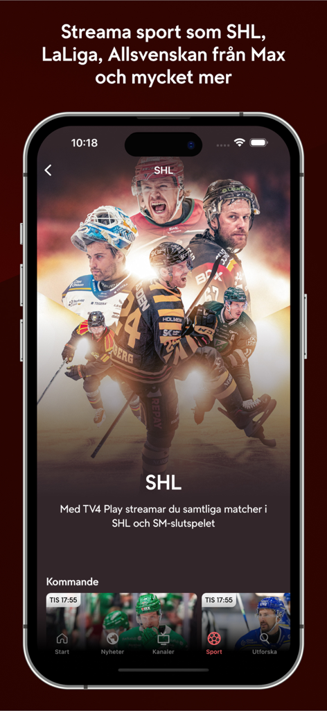 TV4 Play - Un écran mobile montrant la section sportive de l'application TV4 Play avec des matchs de la Ligue suédoise de hockey (SHL).