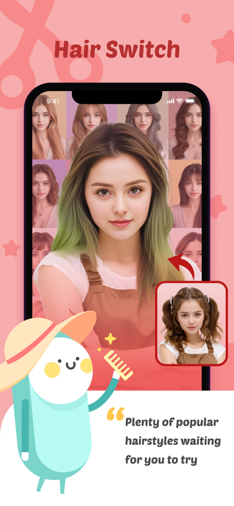 Face Seerアプリのスクリーンショット。さまざまなヘアスタイルとヘアカラーオプションがポートレートに表示されているヘアスイッチ機能を示しています。