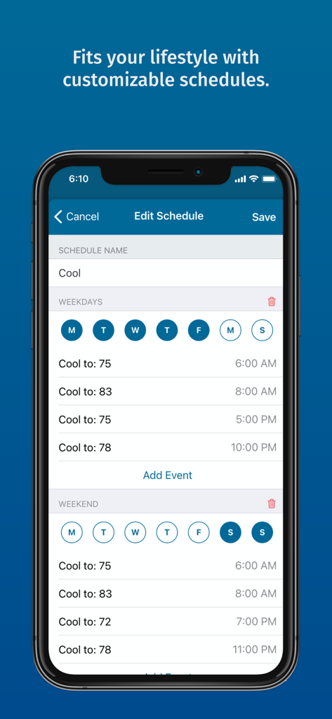 Sensi - Sensi app screen showing customizable weekly and weekend thermostat cooling schedules.