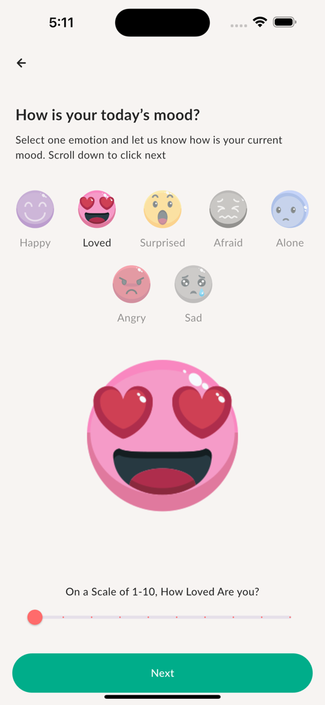 Relaxy app interface for tracking daily mood with emojis and a scale slider