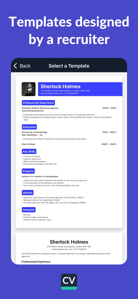 Mobile app screen showing a professional resume template designed by a recruiter