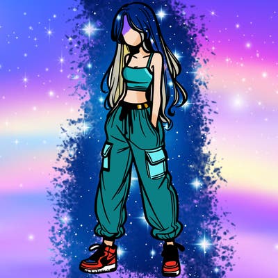 girl in baggy pants crop top and long hair