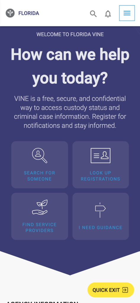 VINELink - The home screen of the Florida VINELink app showing navigation options to search for someone or look up registrations.