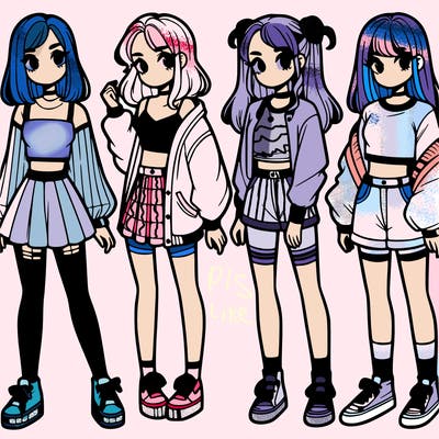 one girl with crop-top shirt and a jacket with a skirt, long socks and another girl with a shirt and pants with a jacket