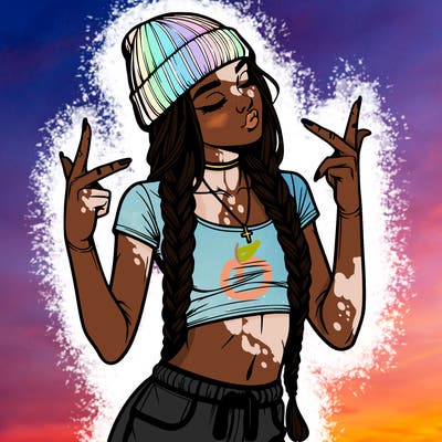 realistic teenage girl with braids and a beanie and crop top doing 🫶🏼