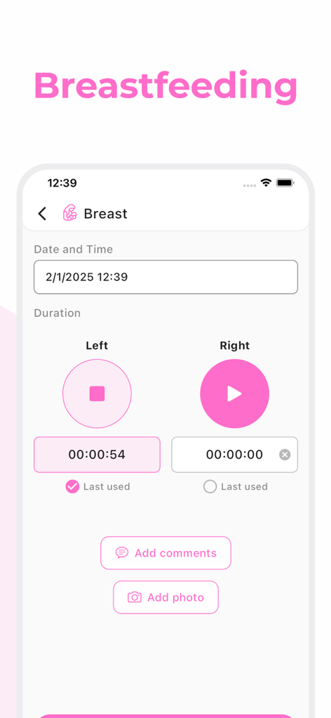 My Tiny: Baby Tracker, Sleep - Pantalla de la aplicación My Tiny para registrar la lactancia materna con temporizadores separados para el lado izquierdo y derecho