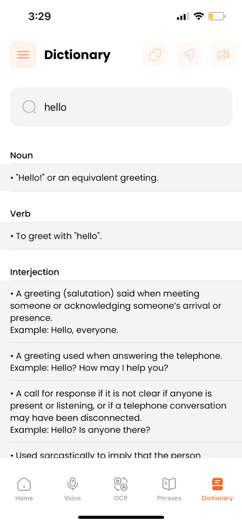 Talkify - AI Voice Translator - Mobile application screen of Talkify showing the dictionary results for the word hello