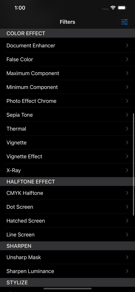 Lista de filtros de fotos disponíveis no aplicativo, incluindo efeitos de cores, halftone e opções de nitidez