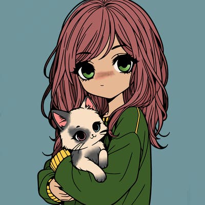 realistic but simple girl holding a cat