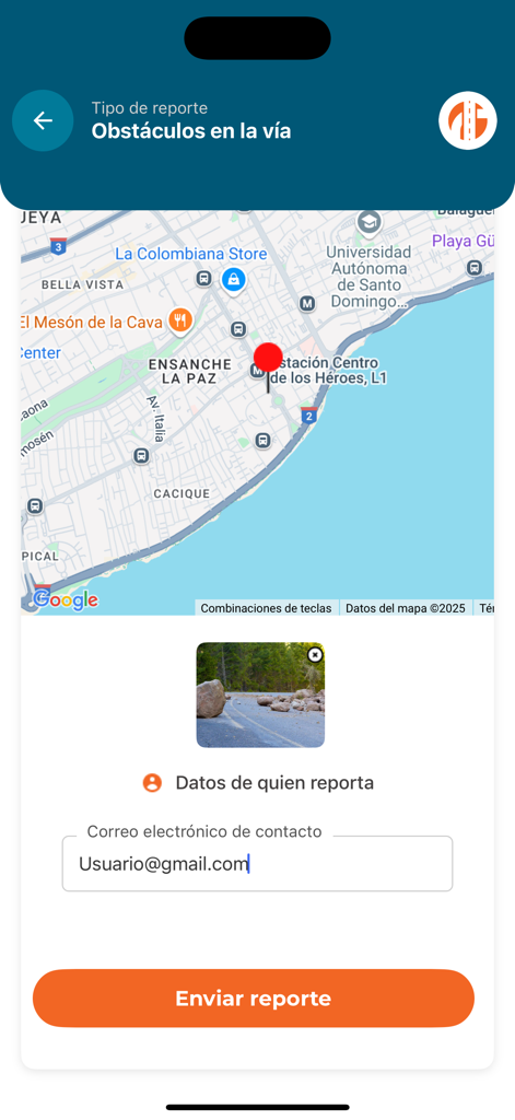 INTRANT RD - Mobiler Bildschirm, der die INTRANT RD App bei der Meldung eines Hindernisses auf der Straße mit Karten- und Fotobeweisen zeigt