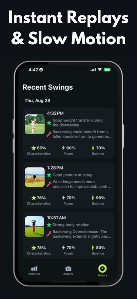 Interfaz de aplicación móvil que muestra un historial de swings de golf recientes con feedback generado por IA y métricas de rendimiento de potencia y equilibrio.