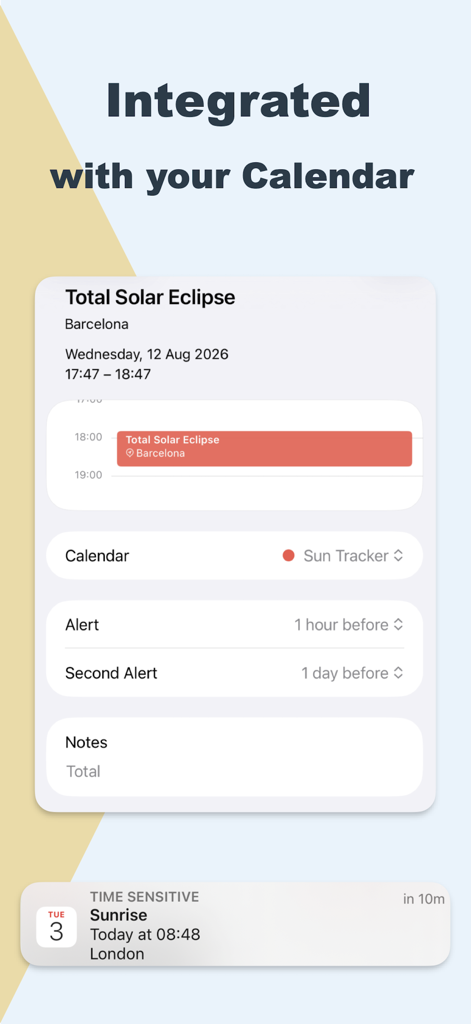 Interface of Sun Tracker AR showing calendar integration for solar events like eclipses and sunrise notifications